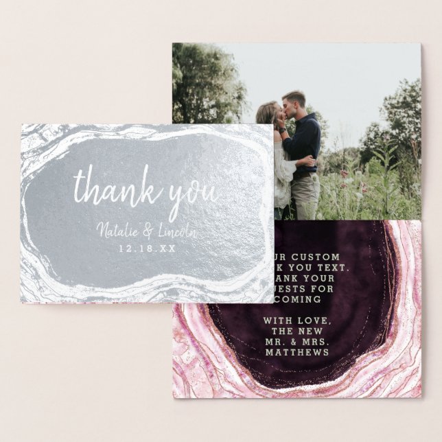 Burgundy & Rose Gold Geode Thank You Wedding Photo Foil Card (Display)