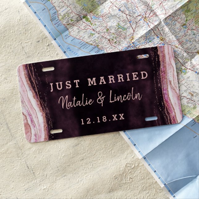 Burgundy & Rose Gold Geode Wedding Just Married License Plate (In Situ)