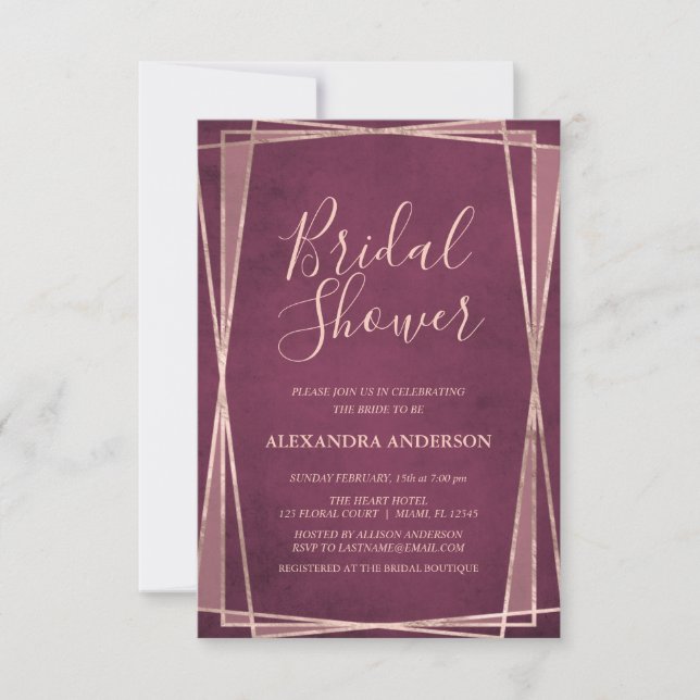 Burgundy Rose Gold Geometric Bridal Shower Invitation (Front)