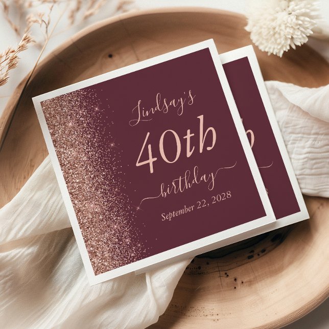 Burgundy Rose Gold Glitter 40th Birthday Party Napkins (Creator Uploaded)