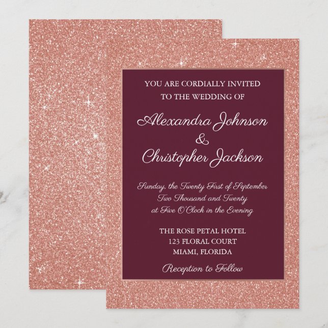 Burgundy & Rose Gold Glitter and Sparkle Wedding Invitation (Front/Back)