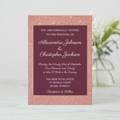 Burgundy And Rose Gold Glitter And Sparkle Wedding Invitation Zazzle