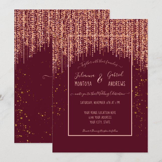 Burgundy Rose Gold Glitter Confetti Wedding Invite (Front/Back)