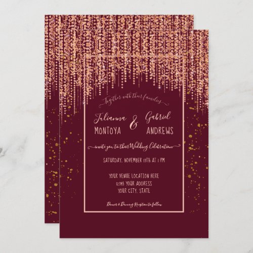 Burgundy Rose Gold Glitter Confetti Wedding Invite