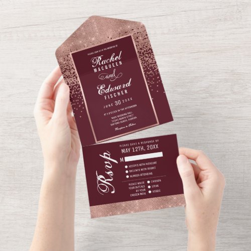 Burgundy Rose Gold Glitter Confetti Wedding RSVP All In One Invitation