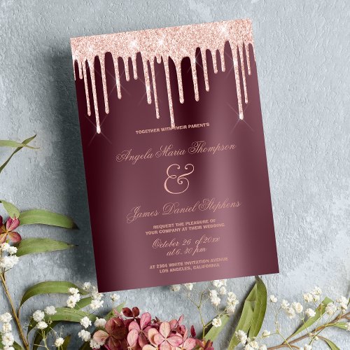 Burgundy rose gold glitter drips glamorous wedding invitation