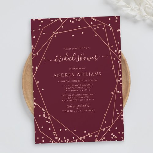 Burgundy Rose Gold Glitter Geometric Bridal Shower Invitation