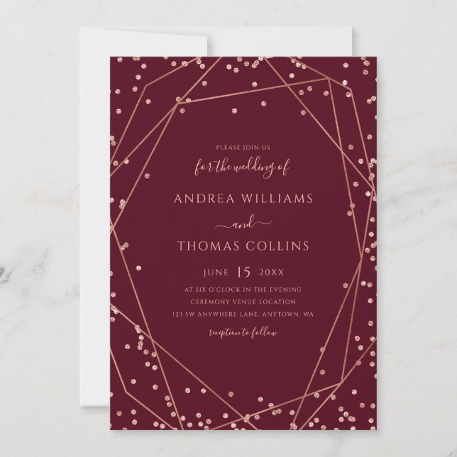 Burgundy Rose Gold Glitter Geometric Wedding Invitation (Front)