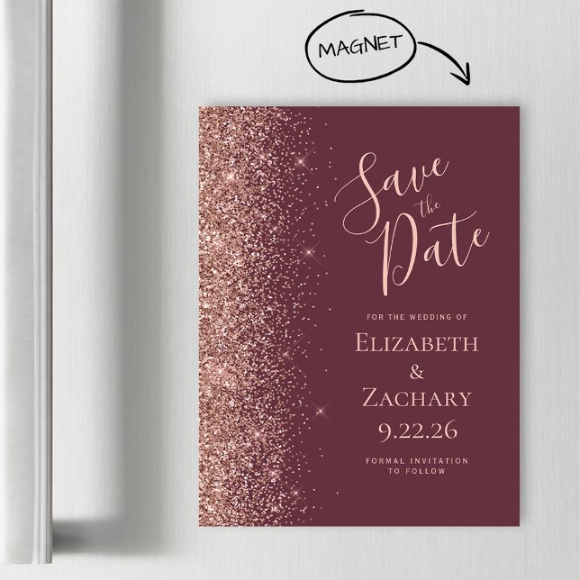 Burgundy Rose Gold Glitter Magnetic Save the Date (Creator Uploaded)