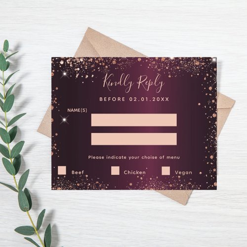 Burgundy rose gold glitter menu meals RSVP