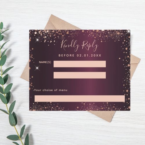 Burgundy rose gold glitter menu RSVP card