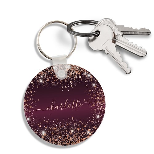 Burgundy rose gold glitter name script keychain