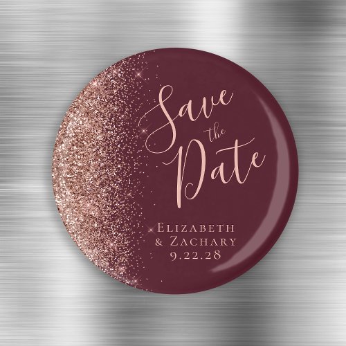 Burgundy Rose Gold Glitter Script Save the Date Magnet