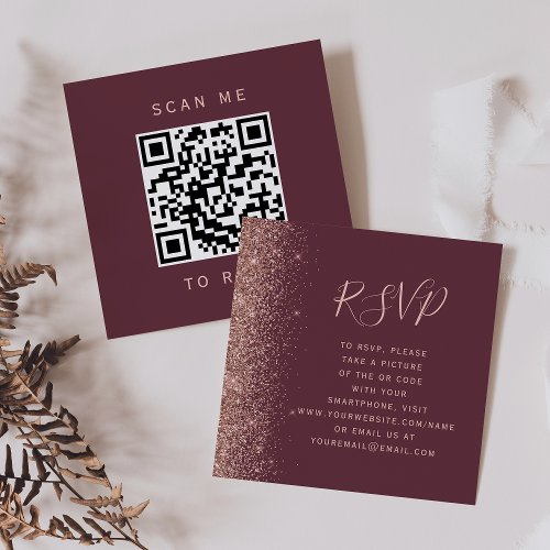 Burgundy Rose Gold Glitter Wedding QR Code RSVP Enclosure Card
