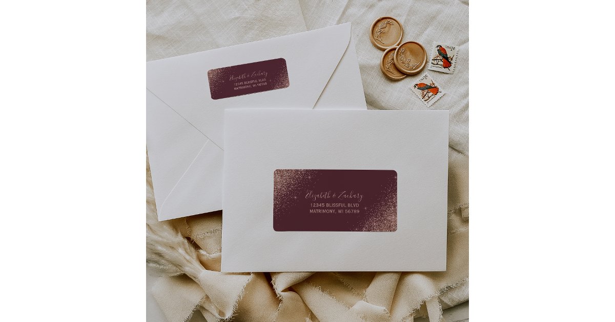 Burgundy Rose Gold Glitter Wedding Return Address Label | Zazzle