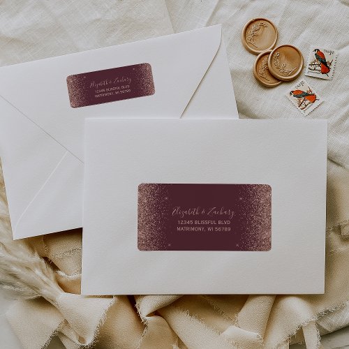 Burgundy Rose Gold Glitter Wedding Return Address Label