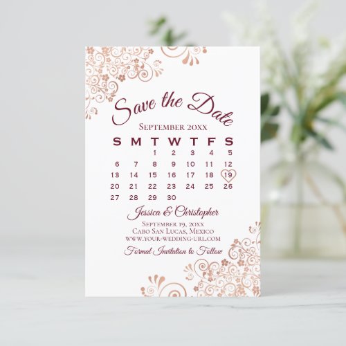 Burgundy  Rose Gold Lace Elegant Wedding Calendar Save The Date