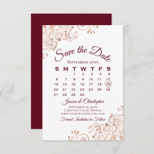Burgundy  Rose Gold Lace Elegant Wedding Calendar Save The Date