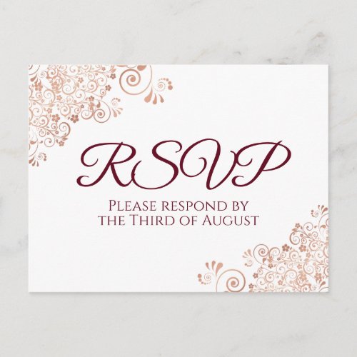 Burgundy  Rose Gold Lace White Wedding RSVP Postcard