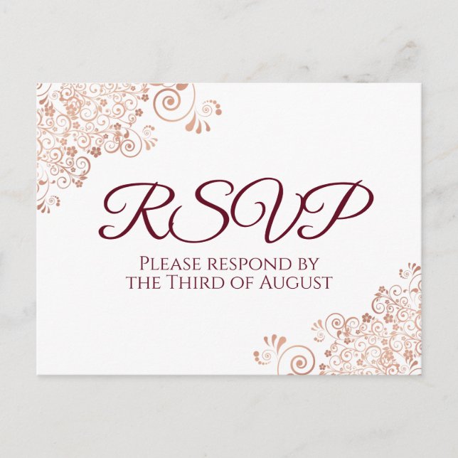 Burgundy & Rose Gold Lace White Wedding RSVP Postcard (Front)
