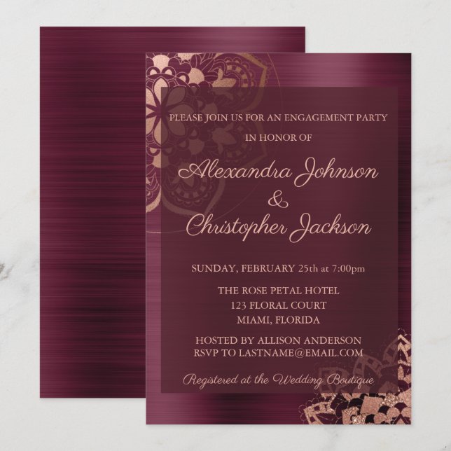 Burgundy & Rose Gold Mandala Engagement Party Invitation (Front/Back)