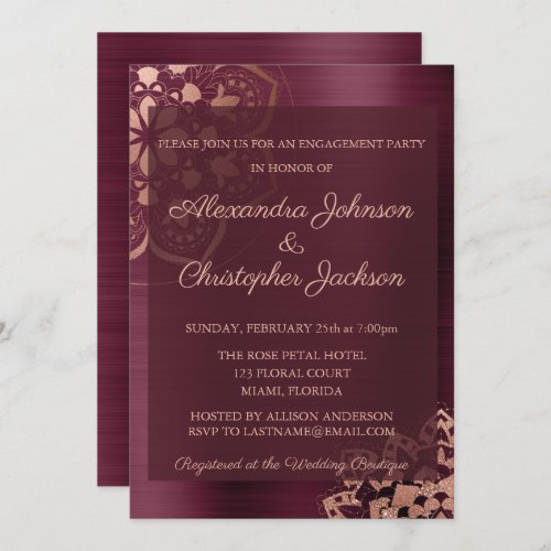 Burgundy  Rose Gold Mandala Engagement Party Invitation