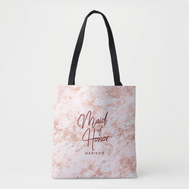 Burgundy & Rose Gold Marble Maid of Honor Monogram Tote Bag (Front)