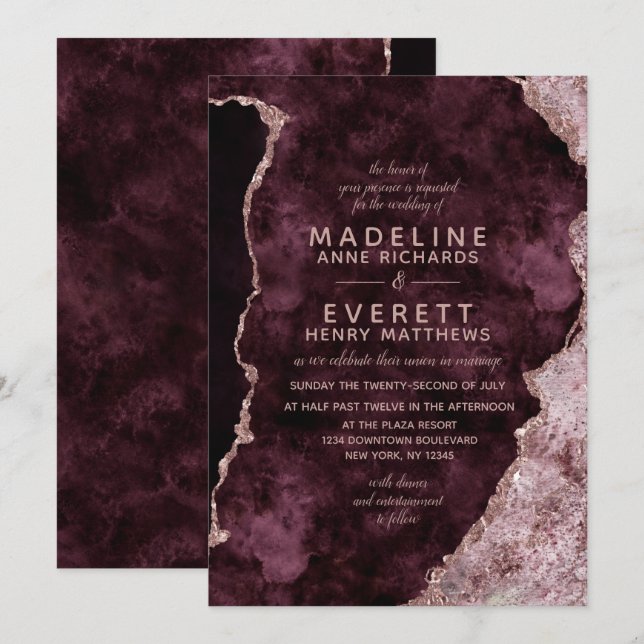 Burgundy & Rose Gold Marbled Agate Wedding Invitation (Front/Back)