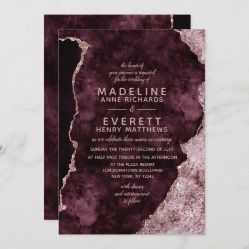 Burgundy  Rose Gold Marbled Agate Wedding Invitation