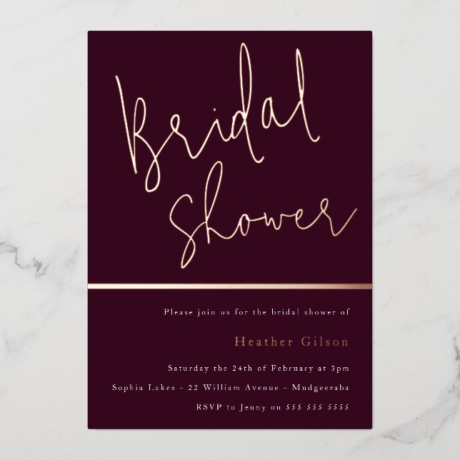 Burgundy & Rose Gold Modern Bridal Shower Foil Invitation (Front)