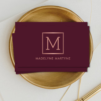 Burgundy Rose Gold Monogram Modern Elegant Business Card