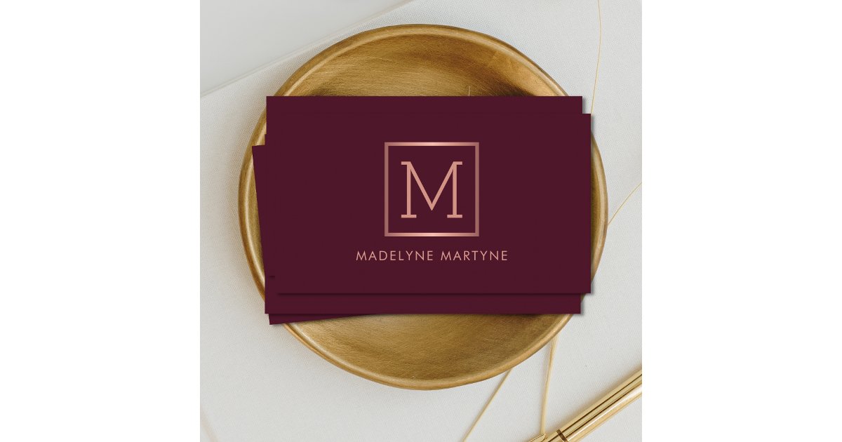 Burgundy Rose Gold Monogram Modern Elegant Business Card | Zazzle