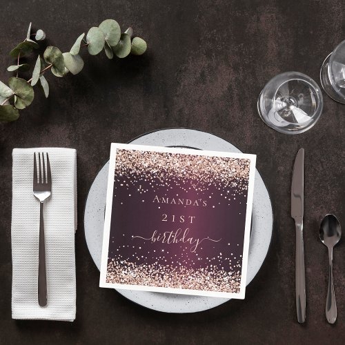 Burgundy rose gold name script birthday napkins