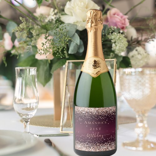 Burgundy rose gold name script birthday sparkling wine label