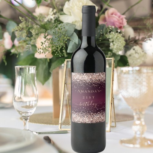 Burgundy rose gold name script birthday wine label