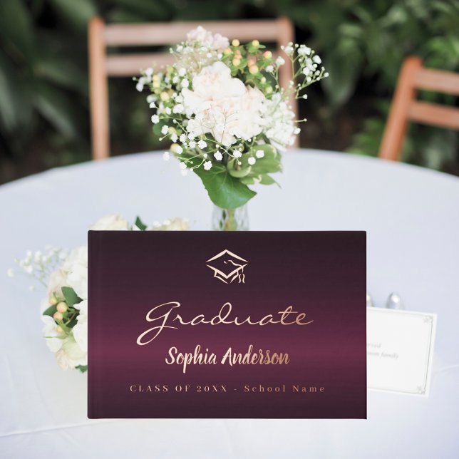Burgundy rose gold name script cap Graduation Foil Guest Book (Creator Uploaded)