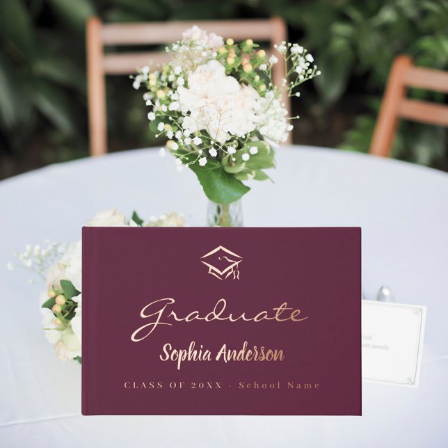Burgundy rose gold name script cap Graduation Foil Guest Book (Creator Uploaded)