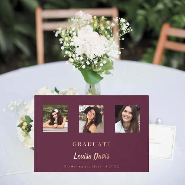 Burgundy rose gold name script photo Graduation Foil Guest Book (Creator Uploaded)