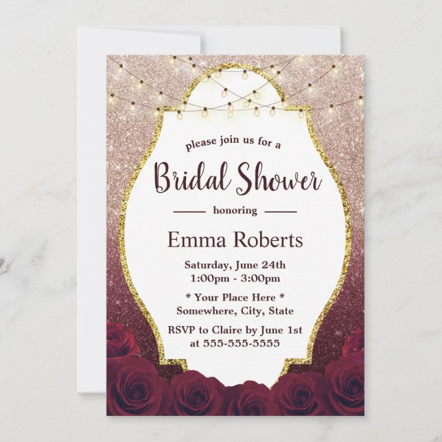 Burgundy & Rose Gold Ombre Glitter Bridal Shower Invitation (Front)