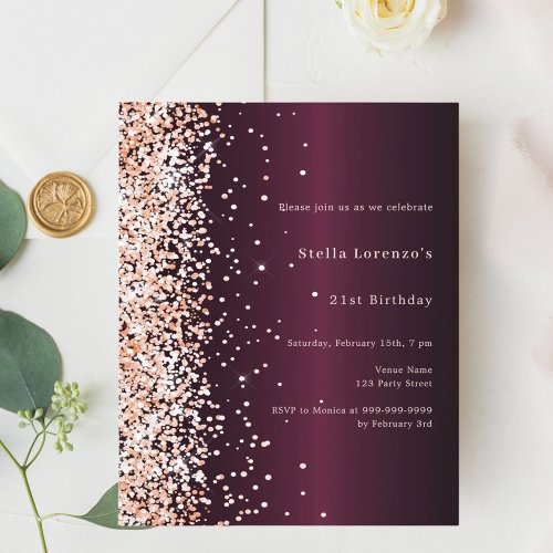 Burgundy rose gold premium birthday invitation