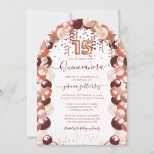 Burgundy Rose Gold Quinceañera Glitter Balloon Invitation