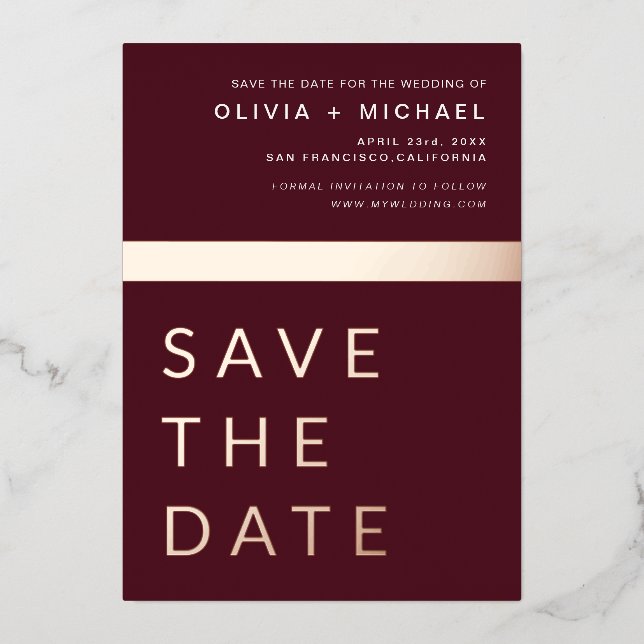 Burgundy Rose Gold Save the Date Elegant  Foil Invitation (Front)