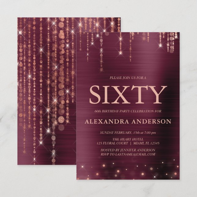 Burgundy Rose Gold Sixty 60th Birthday Party Invitation (Front/Back)