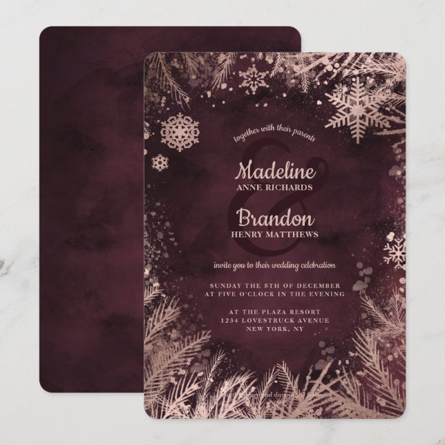 Burgundy & Rose Gold Snowflakes Holiday Wedding Invitation (Front/Back)