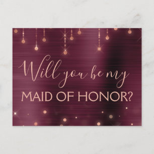Burgundy Rose Gold Sparkle Maid of Honor Invitation Postcard