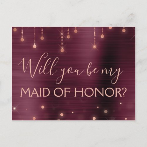 Burgundy Rose Gold  Sparkle Maid of Honor Invitation Postcard