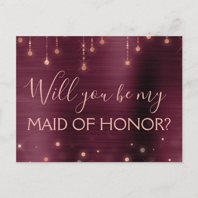 Burgundy Rose Gold  Sparkle Maid of Honor Invitation Postcard (Front)
