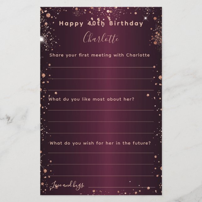 Burgundy rose gold sparkles birthday wishes card (Front)