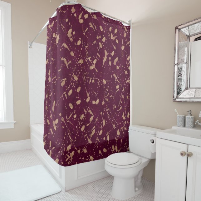 Burgundy & Rose Gold Splatter Modern Abstract Art Shower Curtain (In Situ)