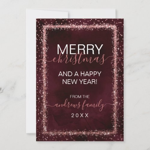 Burgundy Rose Gold Sprinkled Confetti Christmas Holiday Card